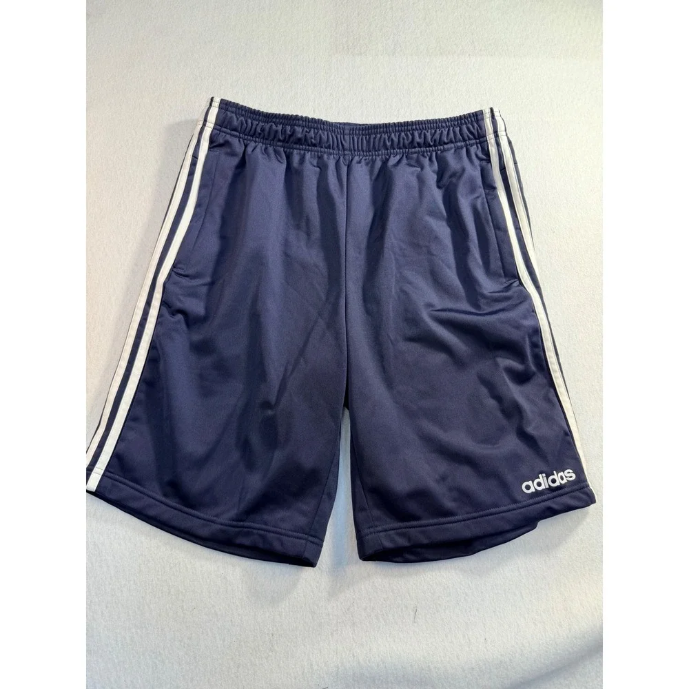 Adidas Mens Navy Blue White Triple Stripe Athletic Gym Shorts Pockets Medium